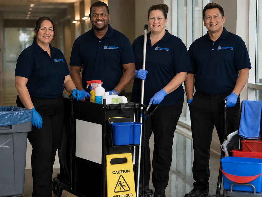Commercial cleaning team prepared to support a local facility